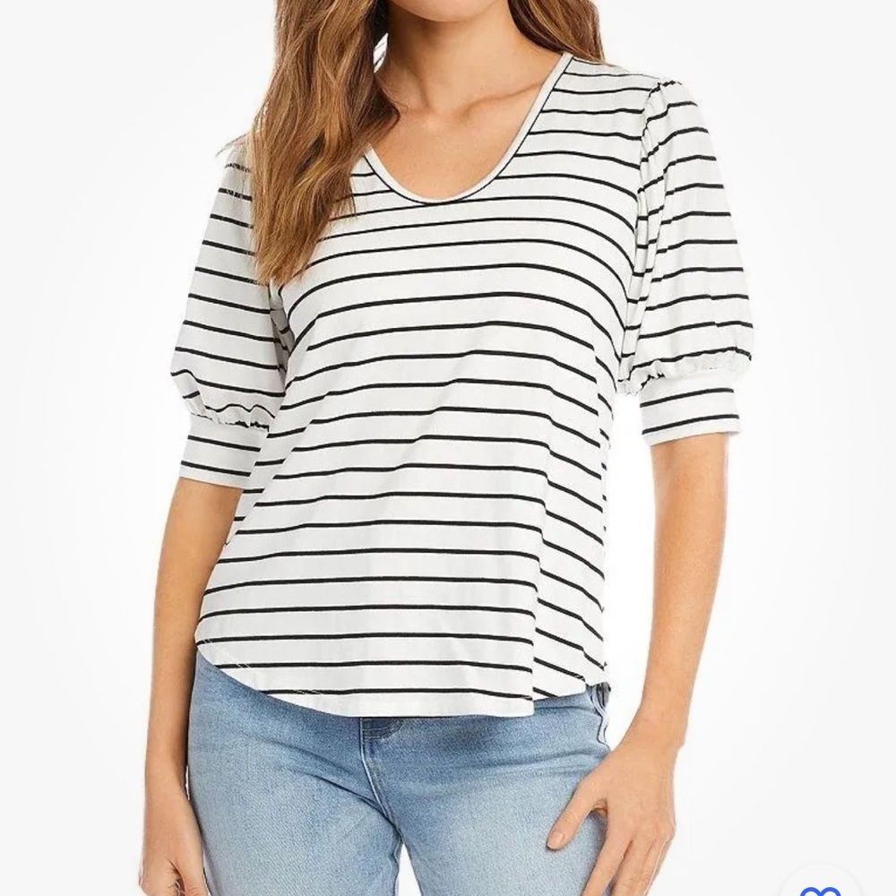 Karen Kane striped puff sleeve top blouse workwear career Fall L